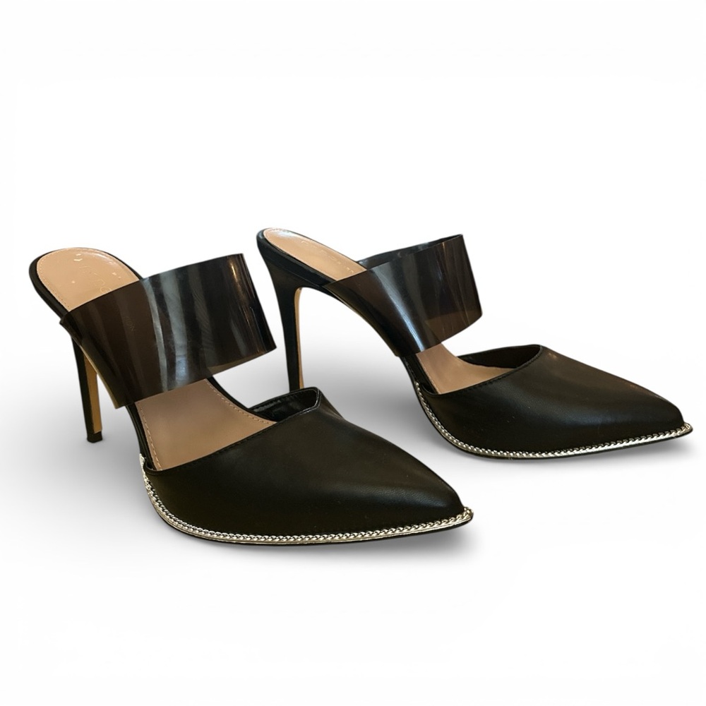 BCBGeneration Black Pointed Toe Chain-Trim High Heel Mules